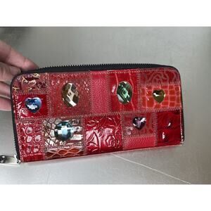 Michelangelo Long Zip Wallet Red Italian Leather Croco Jeweled Multicolor
